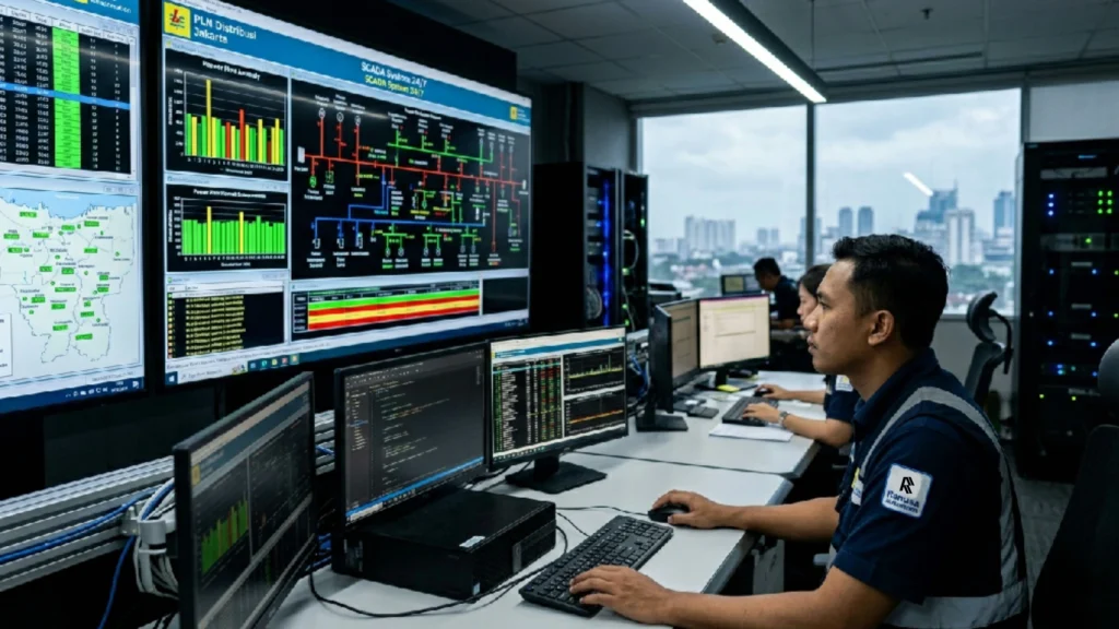 Gambar yang menunjukkan seorang operator di ruang kontrol; dengan sistem SCADA adalah platform terintegrasi untuk pengawasan dan perolehan data secara real-time di industri.