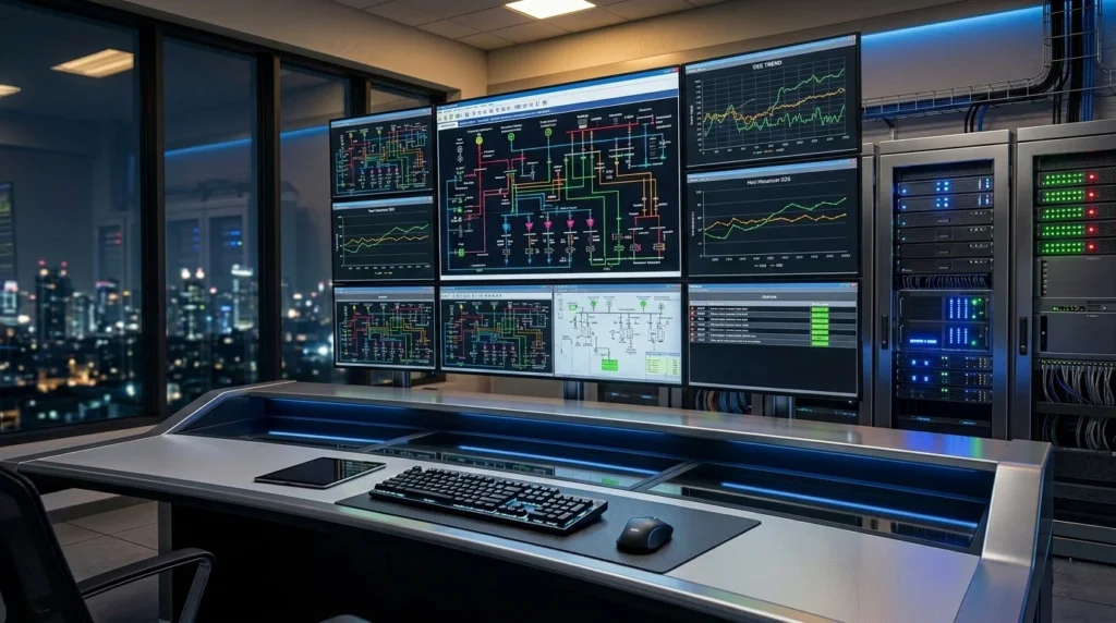Visualisasi arsitektur sistem SCADA industri yang menampilkan pusat monitoring data real-time, integrasi server, dan dashboard kontrol operasional dalam skala enterprise.