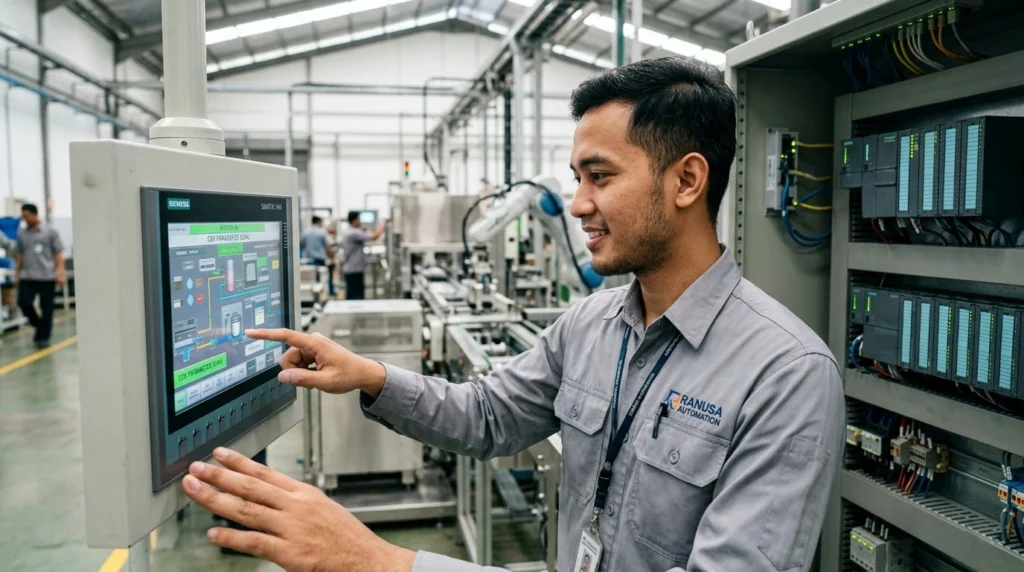Operator pria sedang menjelaskan bahwa human machine interface adalah jembatan komunikasi antara manusia dan mesin pada sistem otomasi industri.