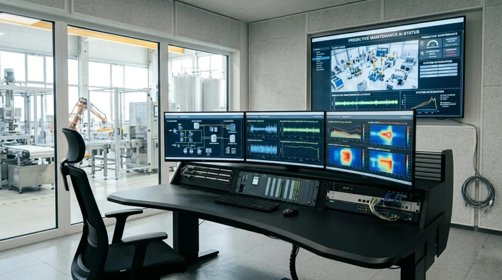 Visualisasi ruang kontrol industri modern yang menampilkan integrasi dashboard Predictive Maintenance AI dengan sistem SCADA, menampilkan grafik analisis kondisi mesin secara real-time untuk efisiensi operasional tanpa melibatkan operator.