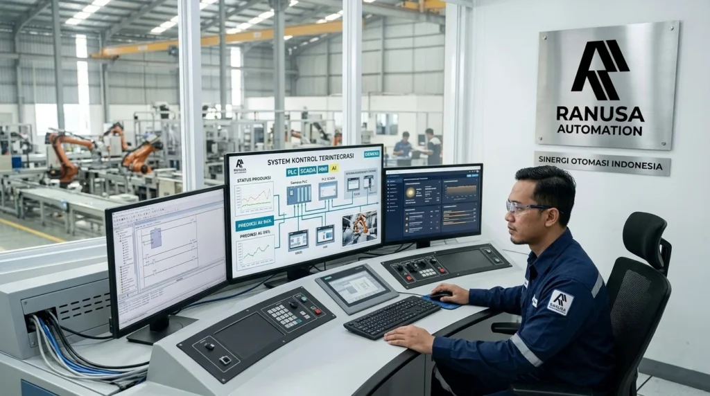 Visualisasi jasa otomasi industri dari support mitra Ranusa Automation di ruang kontrol integrasi yang menampilkan seorang insinyur Indonesia sedang memantau sistem kontrol industri PLC, HMI, SCADA, dan AI terintegrasi pada beberapa monitor beresolusi tinggi di pabrik.