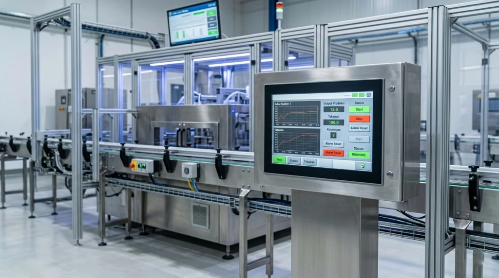 Panel HMI Industri yang terintegrasi dengan PLC pada lini produksi manufaktur otomatis untuk memantau downtime.