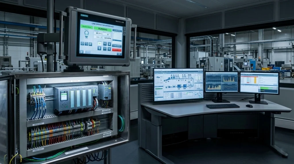 Visualisasi hierarki perbedaan PLC, HMI, dan SCADA dalam satu sistem otomasi industri. Menampilkan panel kontrol PLC yang terbuka dengan kabel rapi, layar sentuh HMI di atasnya, dan stasiun monitoring SCADA dengan tiga monitor di latar belakang, di dalam lingkungan pabrik modern.